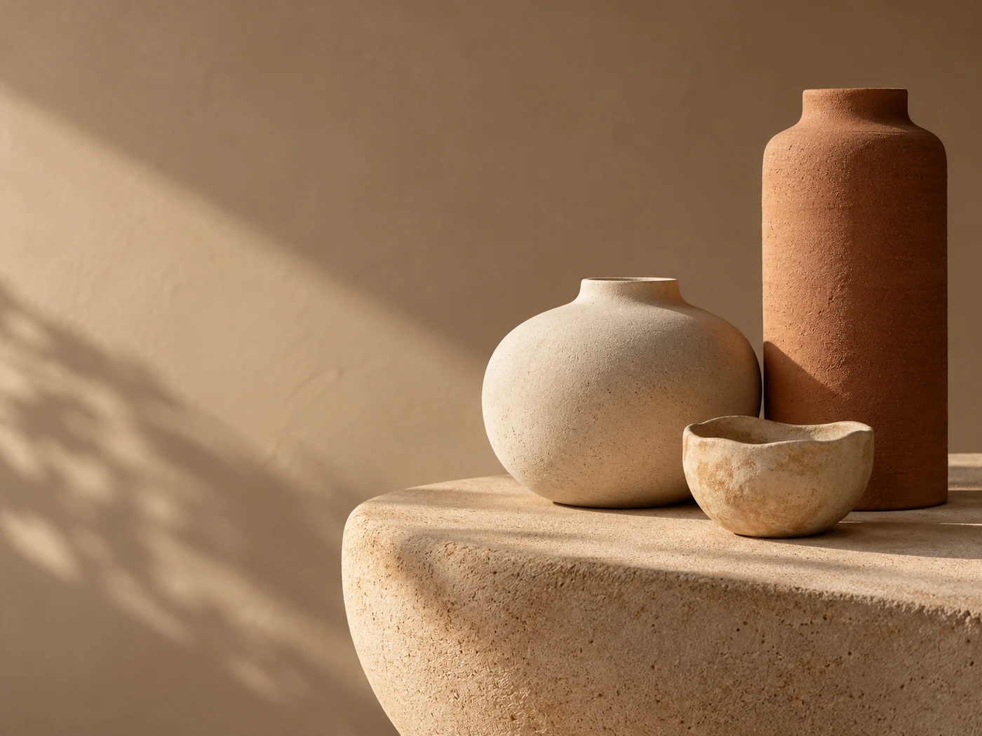 Handcrafted terracotta and cream ceramic vessels in warm daylight