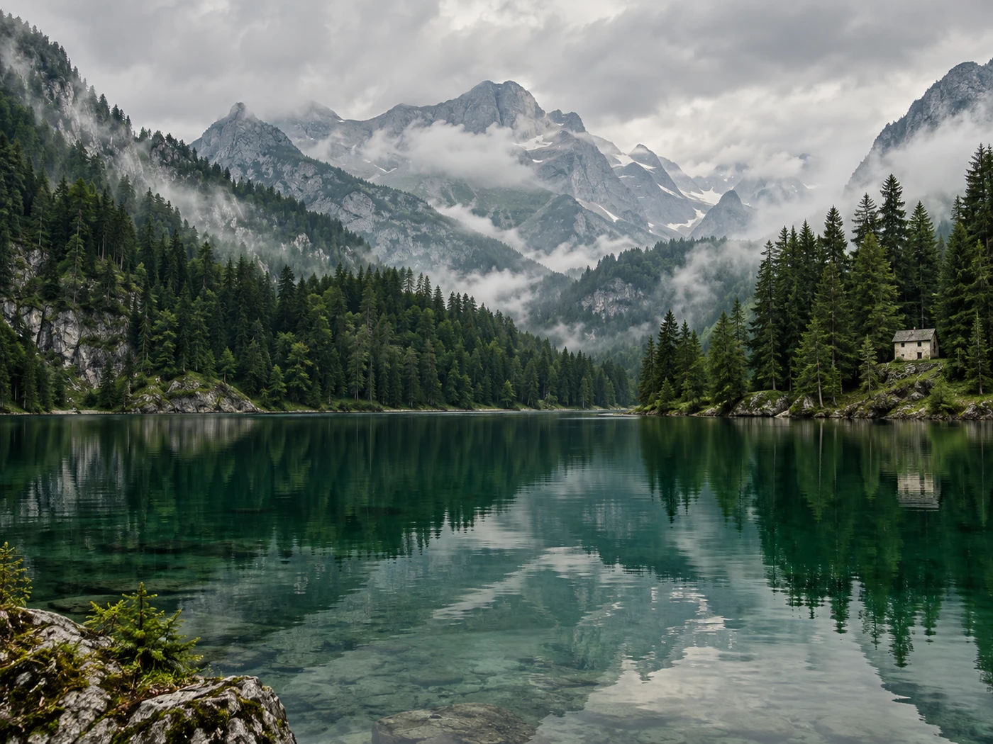 Alpine mountains, mist, and a forest valley
