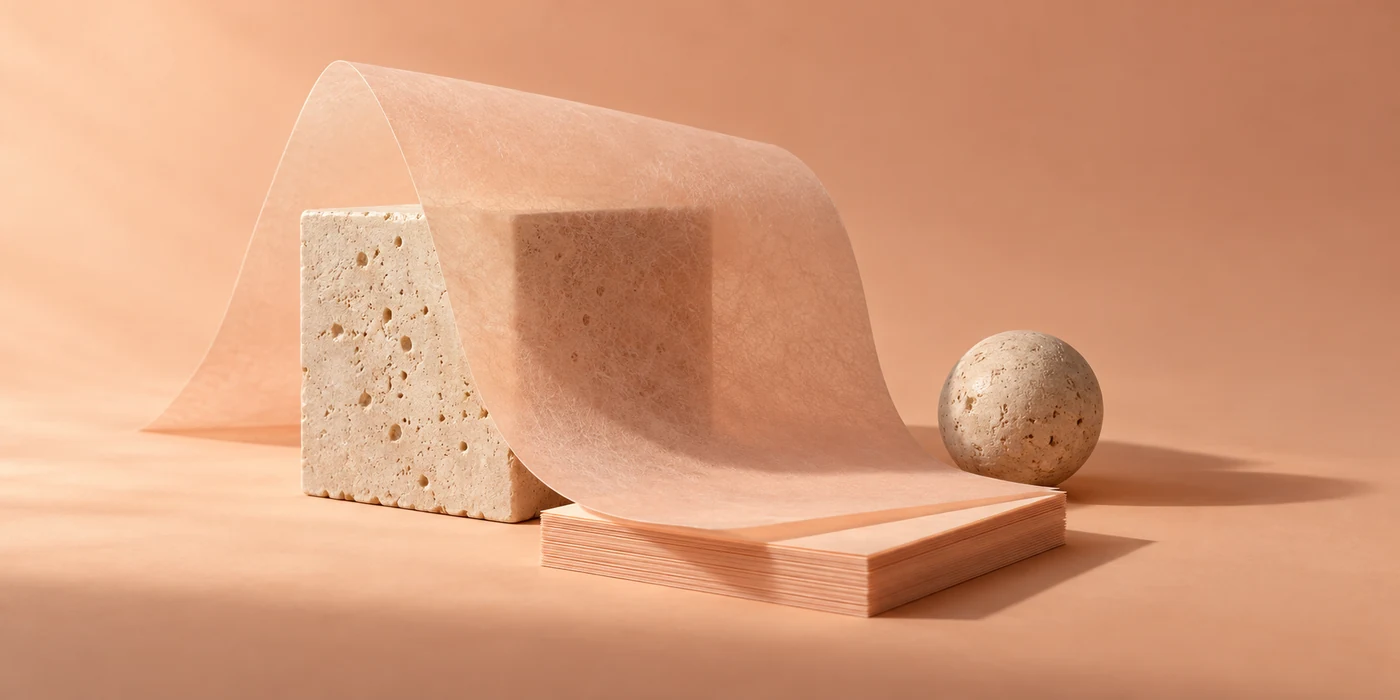 Peach vellum draped over a travertine cube beside a paper stack and sphere