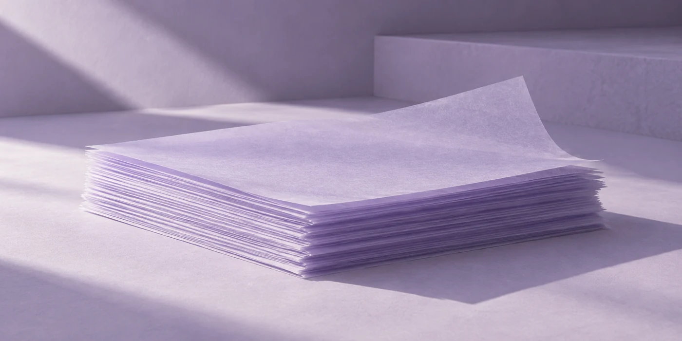 An orderly stack of lavender translucent sheets with the top sheet lifting