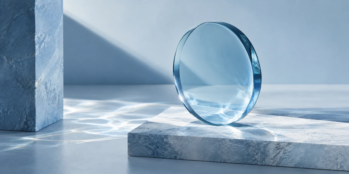 A blue glass lens casting light across a sculptural pedestal