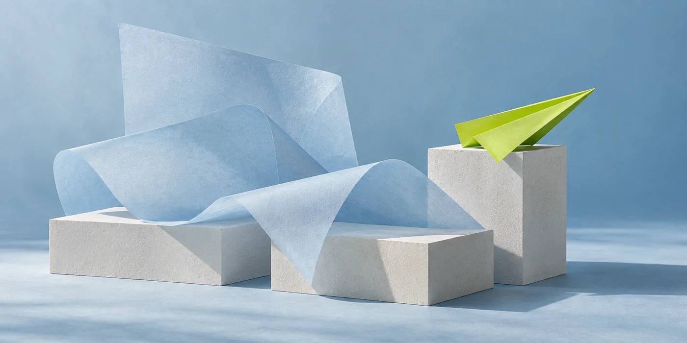 Blue translucent paper and a lime paper plane above ivory plinths
