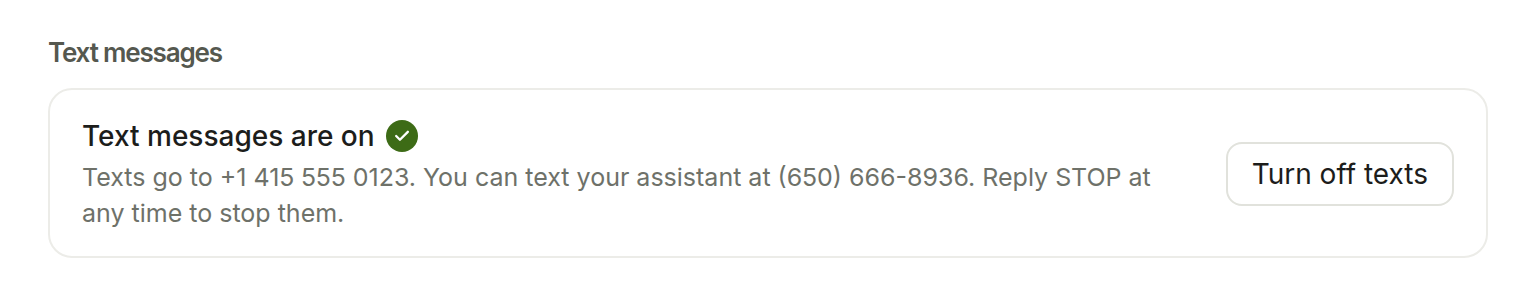 After the code is confirmed: texts are on, with how to stop them.