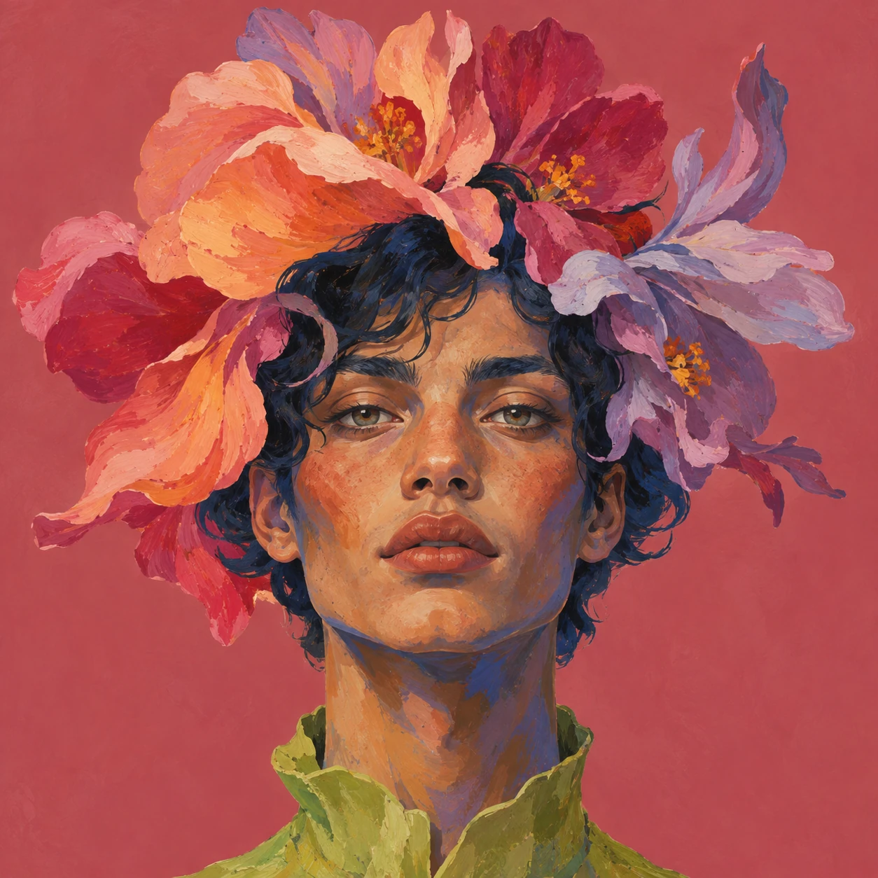 An original painted editorial portrait with a flower crown against rose pink.