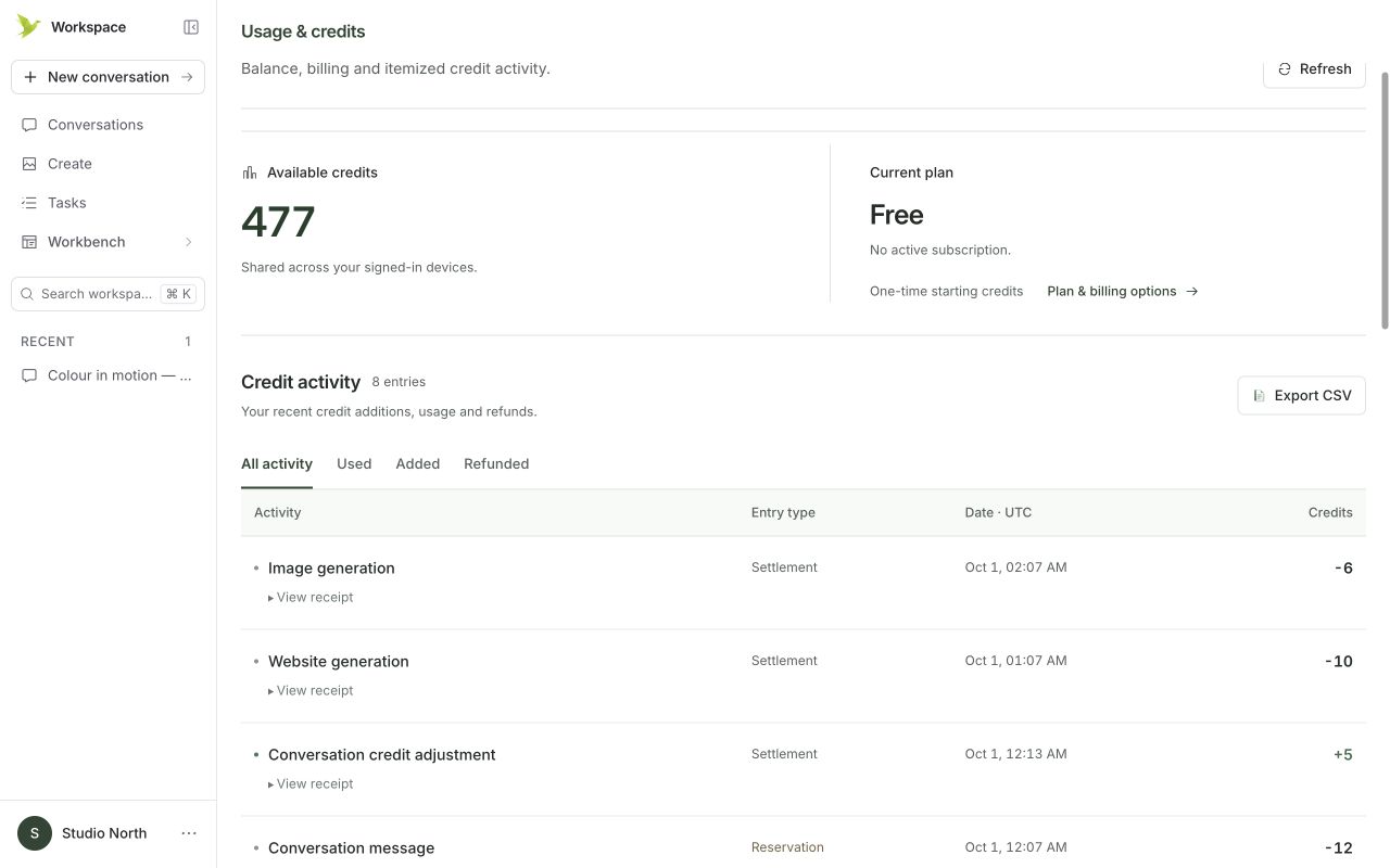 Usage & credits · Follow your credit activity.